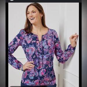 Talbots Ruffle Trim Popover Print Women's Top Large Pink White